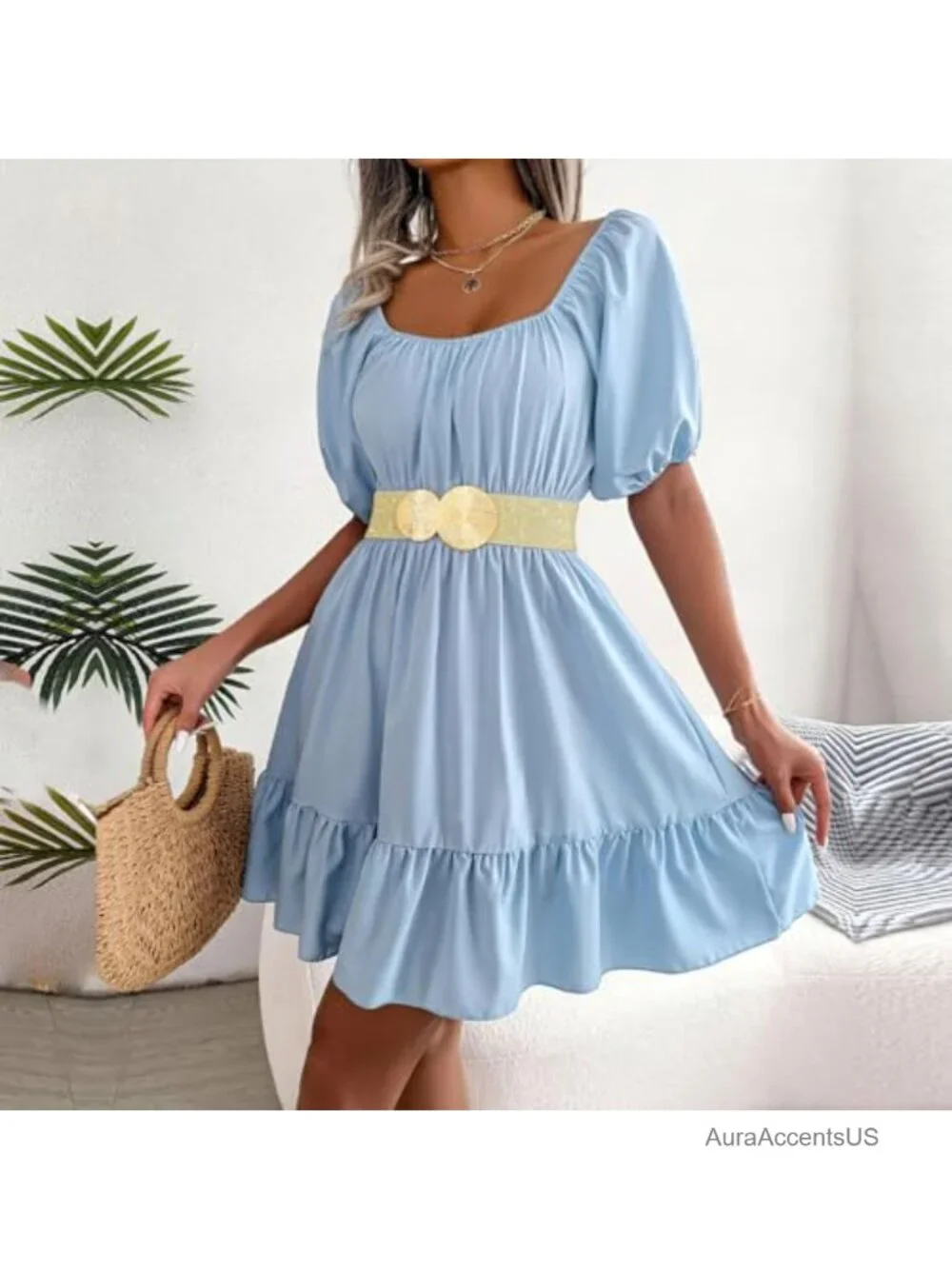 Wide Stretchy Elastic Belt for Women with Gold Round Buckle Waist Cinch